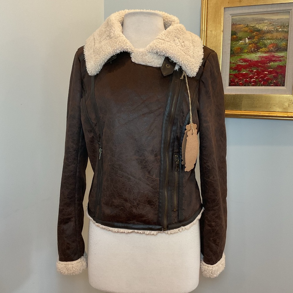 Hale Bob Faux Shearling Moto Jacket Cognac Brown‎ XL NEW